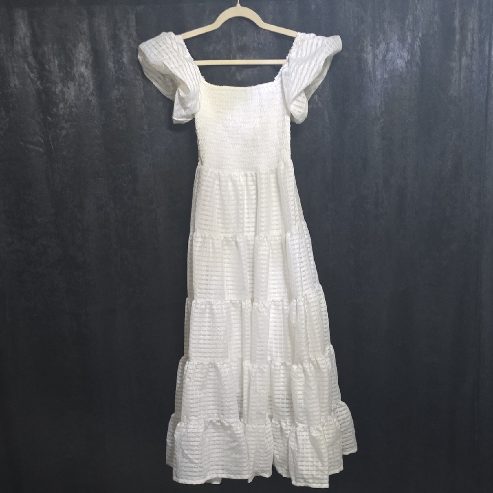 White Square Neck Puff Short Sleeve Shirred A-Line Dress